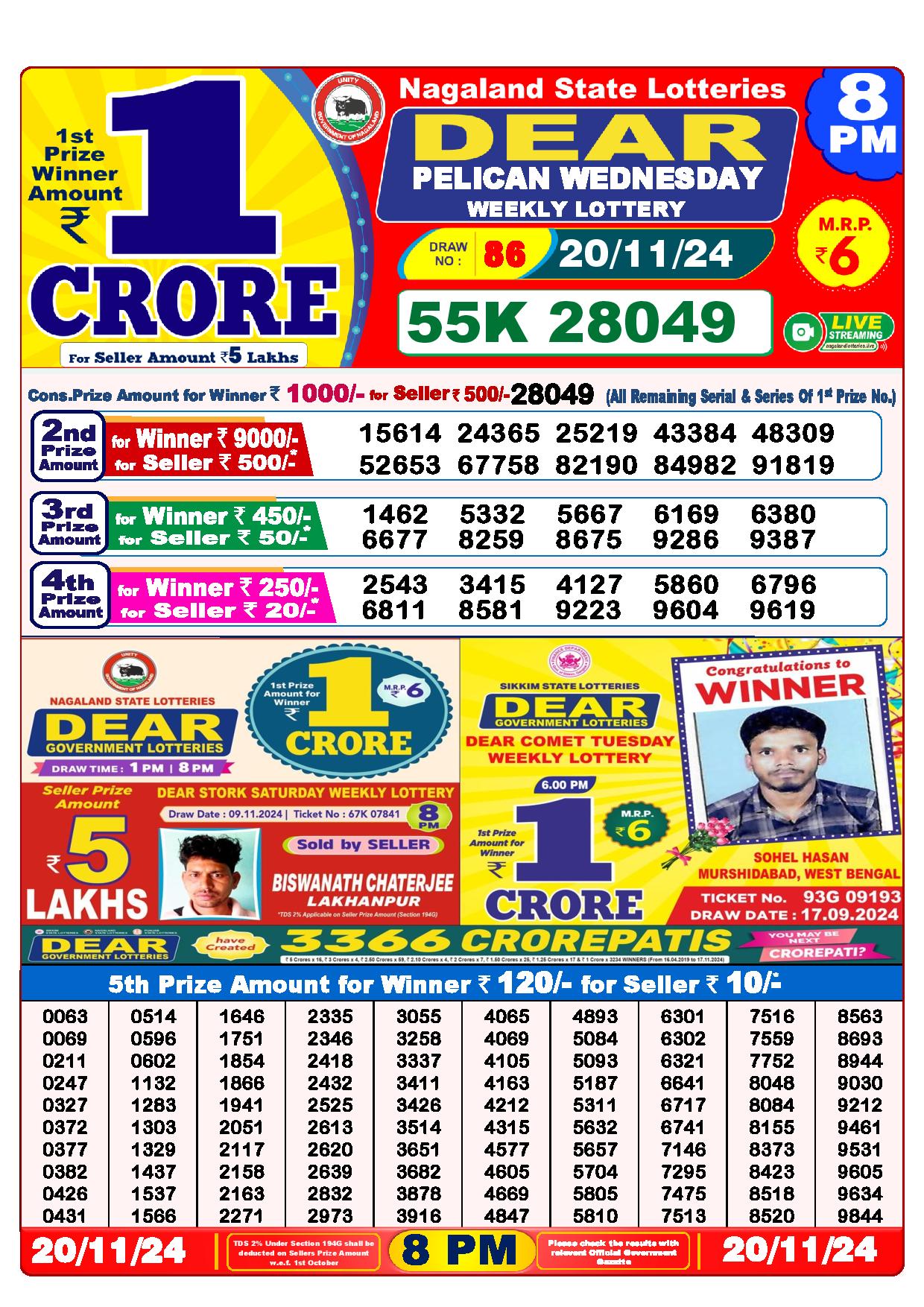 Dear Lottery Result Today 8PM 20.11.2024