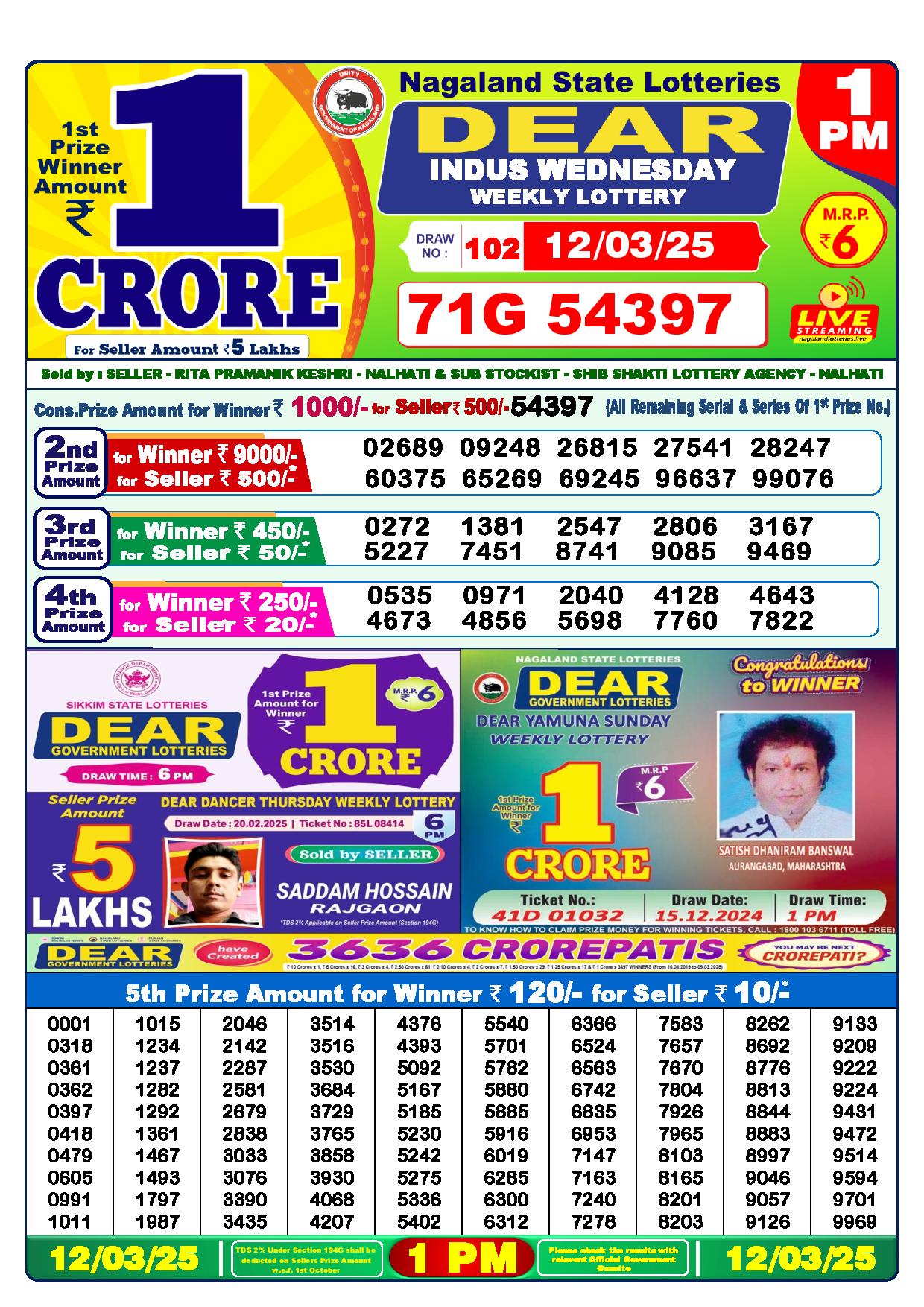 dear lottery result today 1 pm 12.03.2025