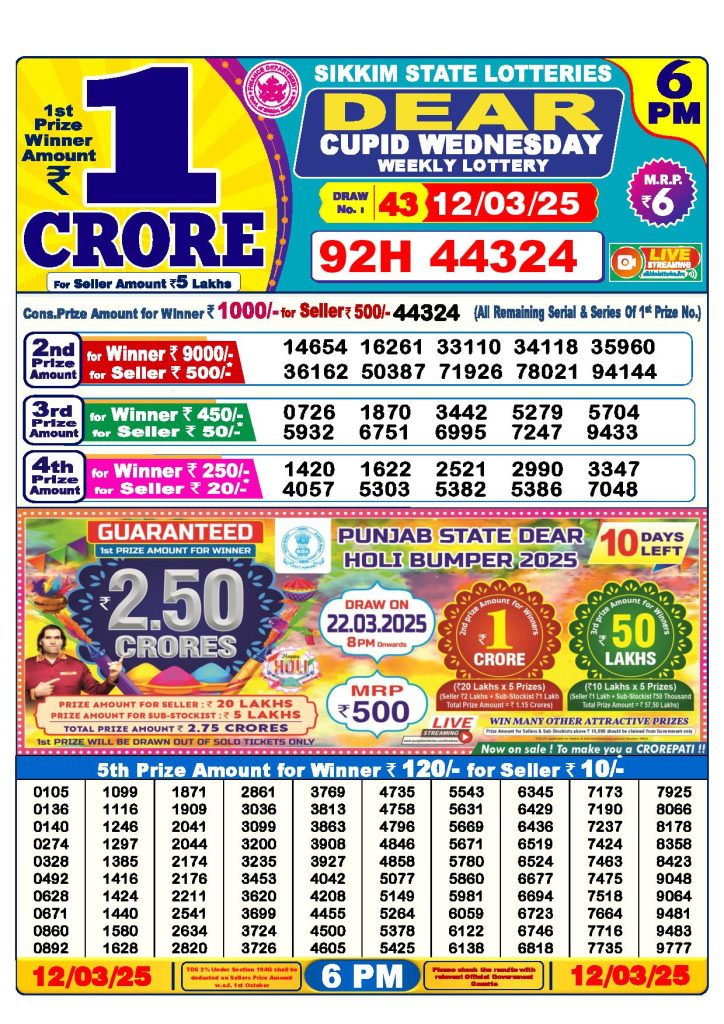 dear lottery result today 6 pm 12.03.2025