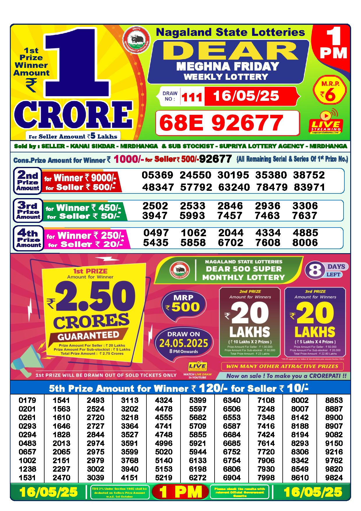 Dear Lottery 1 PM Result 16-5-2025