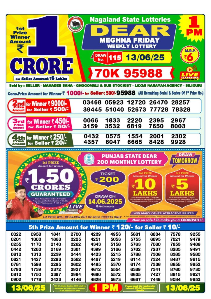 Dear Lottery 1 PM Result 13-6-2025