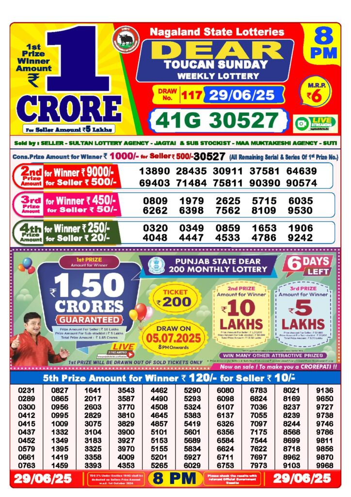 Dear Lottery 8 PM Result 29-6-2025
