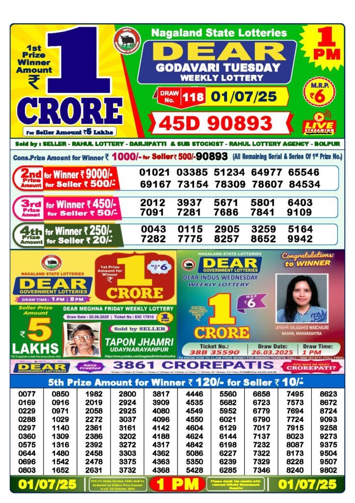 Dear Lottery 1 PM Result 1-7-2025