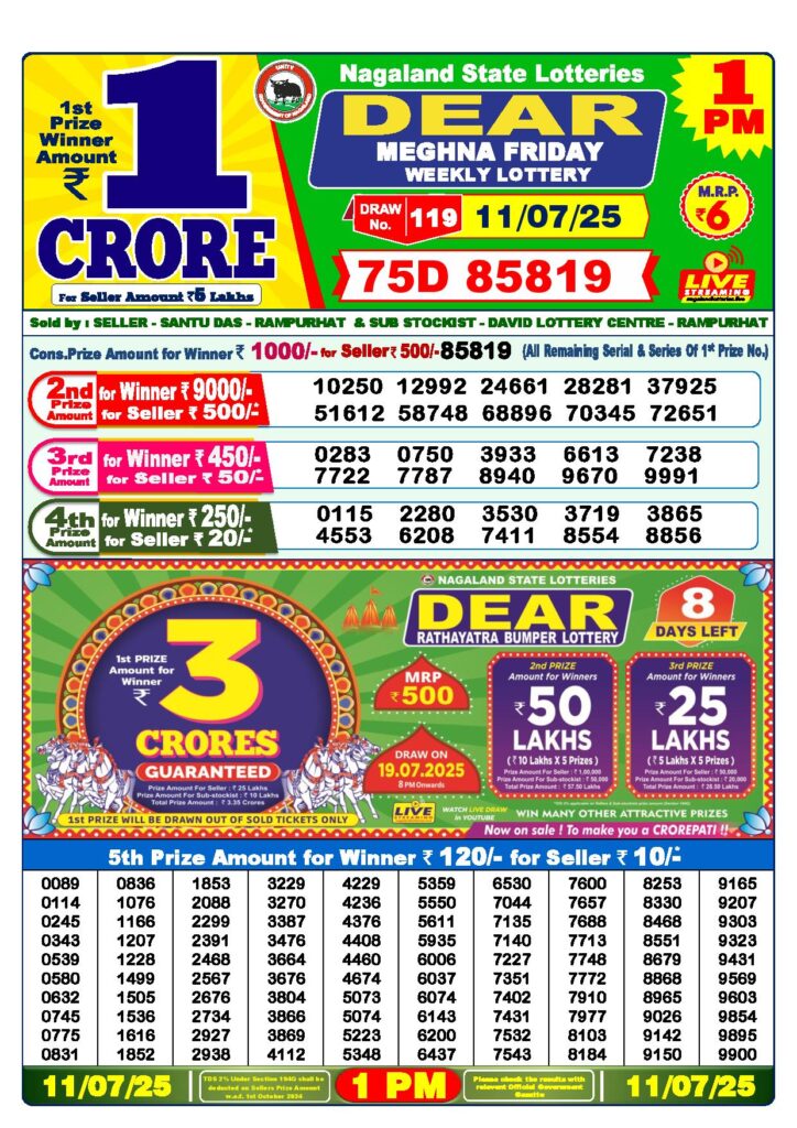 Dear Lottery 1 PM Result 11-7-2025