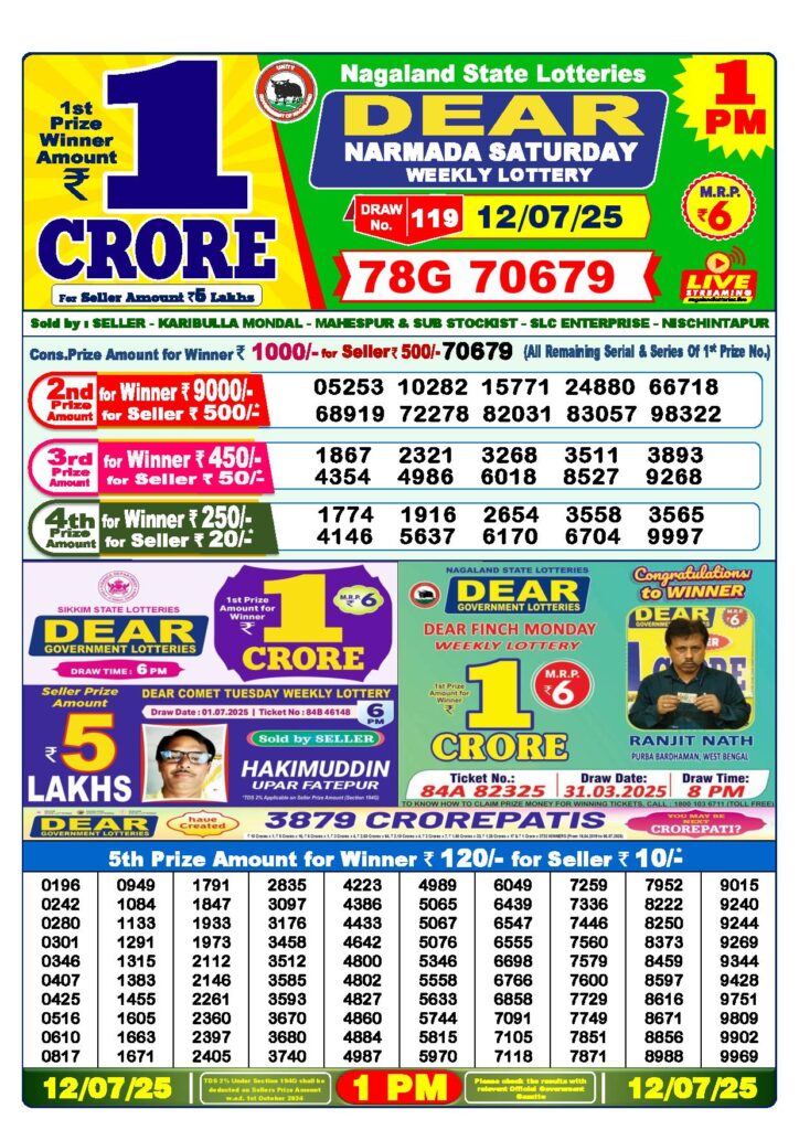 Dear Lottery 1 PM Result 12-7-2025
