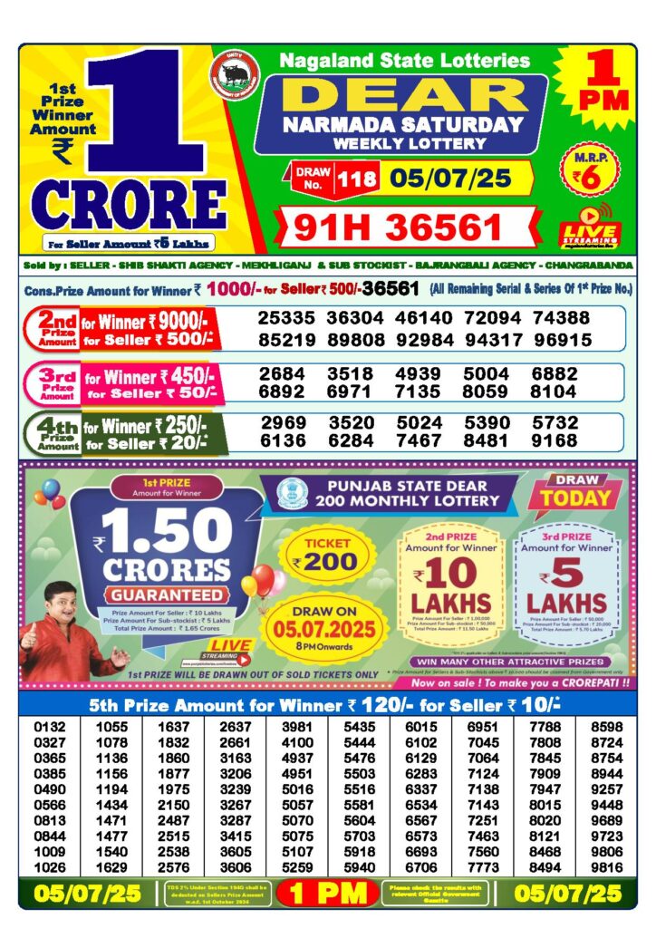 Dear Lottery 1 PM Result 5-7-2025