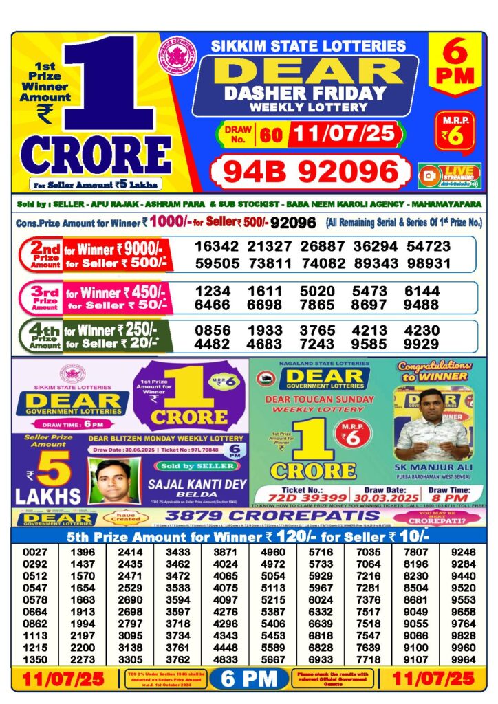 Dear Lottery 6 PM Result 11-7-2025
