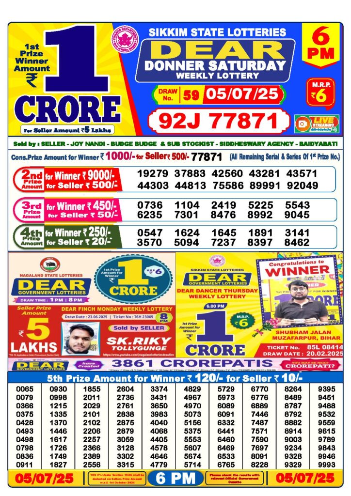 Dear Lottery 6 PM Result 5-7-2025